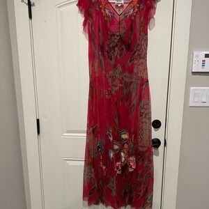 Johnny Was Pink Sundress with Flutter Sleeves and V-neck for Weddings